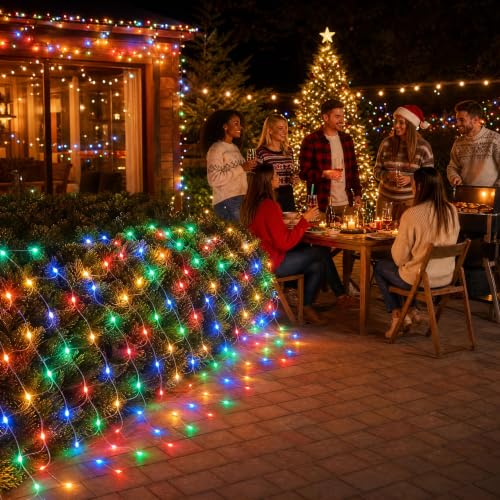 Image of Dazzle Bright Christmas 360 LED Net Lights, 12FT x 5 FT Connectable Waterproof String Lights Clear Wire with 8 Modes, Christmas Decorations for Indoor Outdoor Xmas Yard Garden Decor (Multi Colored)