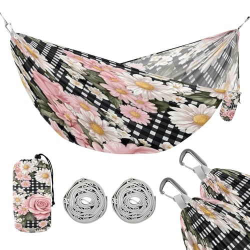 ATTX Pink Roses Daisies Camping Hammock - Lightweight & Portable Hammocks, Heavy Duty 330lbs Capacity for Indoor, Hiking, Backpacking, Travel, Backyard, Beach#581