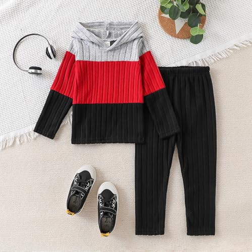Image of Toddler Kid Girls Clothes Ribbed Color Block Long Sleeve Hoodie Sweatsuit Set Fall Outfits