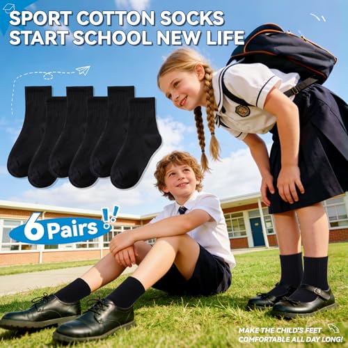 Image of Eyean Kids Athletic Crew Socks Boys Girls Cotton School Uniform Casual Basic Socks 6 Pairs