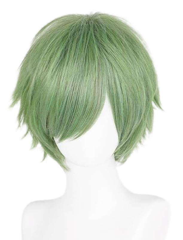 LABEAUTÉ Short Gray Green Anime Cosplay Wig Male Men Anime Layered Unisex Heat Resistant Hair Wig with Bangs for Party and Halloween for Gift + Free Cap
