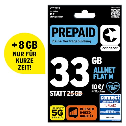 congstar Prepaid ALLNET M SIM-Karte ohne Vertrag I Prepaid-Paket in D-Netz-Qualität I 33 GB + 10 Startguthaben I Telefonie & SMS Flat in alle dt. Netze I EU-Roaming inkl.