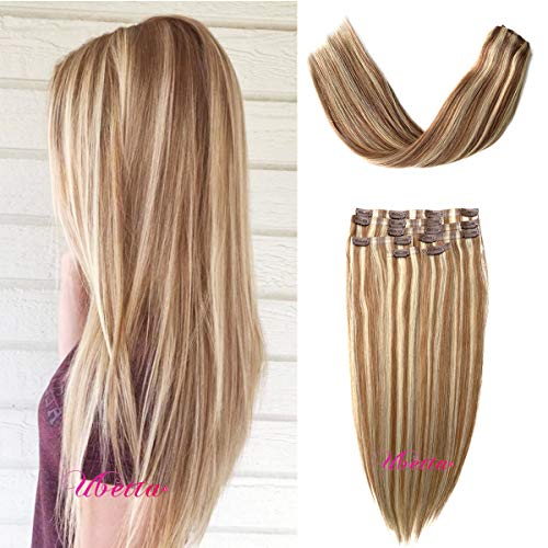 Hair Extensions Clip in Human Golden Brown to Blonde Highlights Skin Weft Remy Human Hair Extensions 7 pcs Seamless PU Weft Real Clip in Hair Extensions with Blonde Highlights 16 Inch 100G for Women