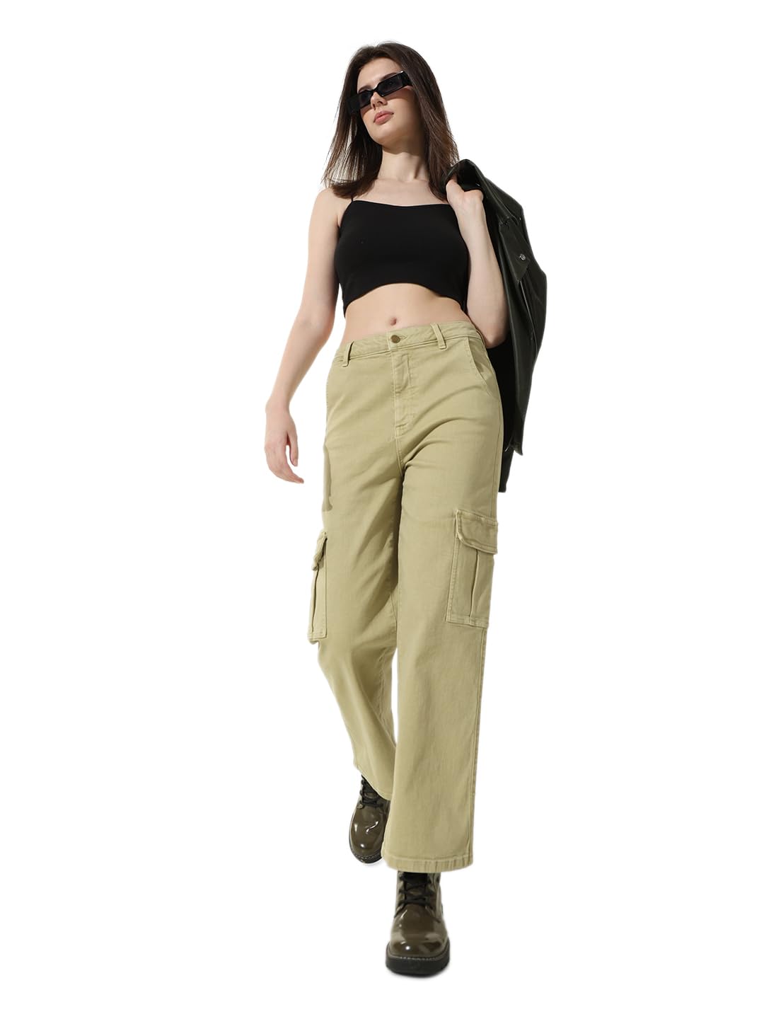 ONLY Womens High Waist Straight-Fit Cargo Pants | Front Scoop Flap Pockets | Cargo Trousers for Women in neutral