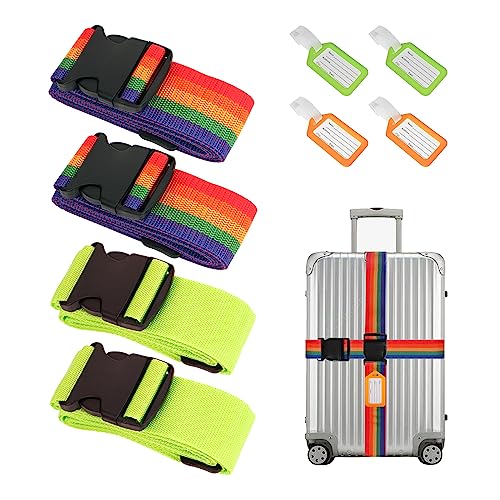 Bigqin Lot de 4 Sangles de Bagage Antidérapantes et Réglables avec 4 étiquettes de Bagage, Sangle pour Valise réglables pour Valise Boucle,Attrayantes et...