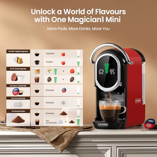 Image of Magician1 Mini 5in1 Pod Coffee Machines for Nespresso OL, Dolce Gusto, Lavazza A Modo Mio Capsule, ESE 44 Pads and Espresso Ground Coffee, 20 bars, 1450W, LED Display, Hot+Cold Mode for Home & Office