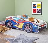 Alcube® Autobett 70x140 mit LED-Beleuchtung PKW Burning Flame mit Matratze, Lattenrost & Rausfallschutz - MDF Bett für kleine Rennfahrer ab 2 bis 3 Jahren - Kinderbett 140x70 cm Cars Bett Jugendbett