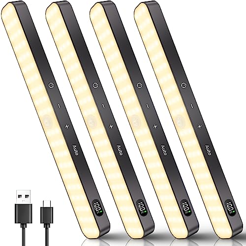 Image of Ferswe Closet Lights Rechargeable, Battery Level Display, Dimmable Battery Powered Lights, 3000K Motion Sensor Light Indoor, 60 LED Touch Light for Kitchen, Closet, Shelf(4 Pack)