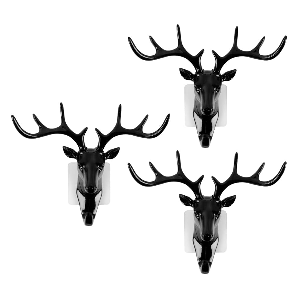 Nuobesty Black 3Pcs Deer Head Wall-Mount Key Rack Box Reindeer Antler Entryway Hat Hook Rails For Bathroom Hallway Kicthen Door Closet Room Decoration
