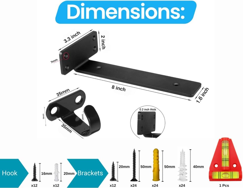 Floating Shelf Bracket - 6 Pack Metal Hooks, Heavy Duty Shelf Brackets 8 inch Steel Black, l Bracket for Wood Shelves Metal Hooks, l Brackets for Shelves 1/5 Inch Thick 160+lb