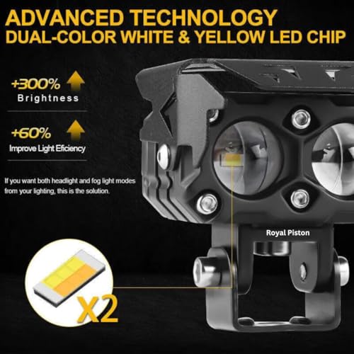 Image of 2 Lens LED Fog Light with Switch for Bikes, Cars, SUVs |120W Aux Light with Wide Coverage, Crystal-Clear LED White /Yellow Beam|6 Months Warranty