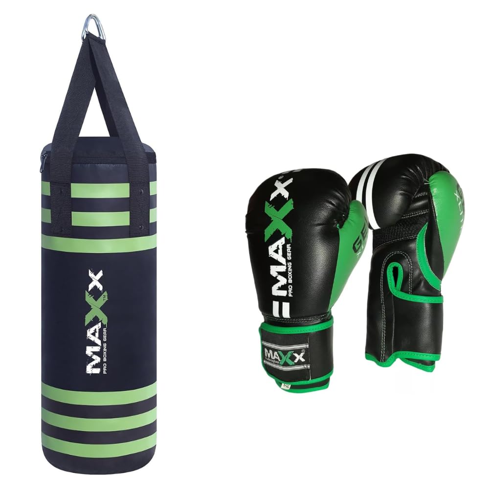 Maxx Empty Kids Boxing Set – Junior Empty Punching Bag with Gloves, FREE Hand Wraps & Multicolor Options (Black Green, 8OZ)