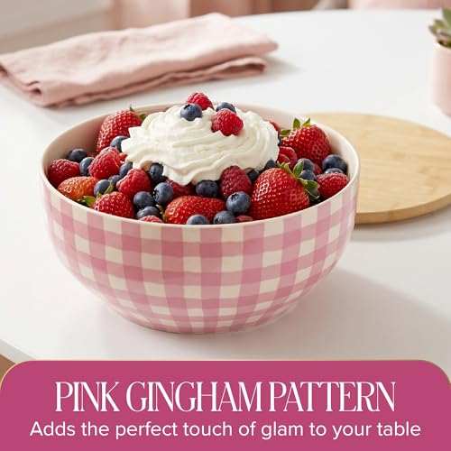 Image of Paris Hilton Serving Bowl with Bamboo Lid, Stoneware Salad Bowl with Pink Gingham Print Exterior, Lid Doubles as Cutting Board, 10-Cup, Pink