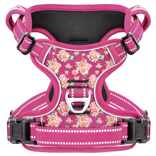 Image of HEELE No Pull Large Dog Harness, Soft Breathable Padded Vest, Flower Rose L | Reflective Front Clip Vest with Control Handle, No Choke, Adjustable 2 Metal Rings for Outdoor Walking Training