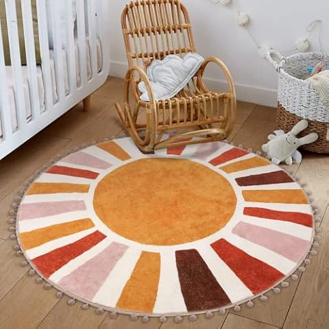 KIMODE Retro Sun Round Rug 120cm,Boho Circle Soft Non-Slip Washable Living Room Area Rugs,Cute Indoor Colorful Floor Mats for Bathroom Entryway Bedroom Nursery Cover