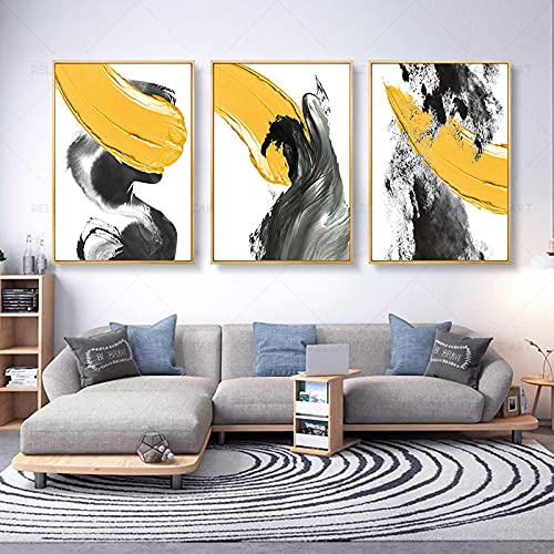 Art mural abstrait jaune noir toile moderne pour grand mur vide