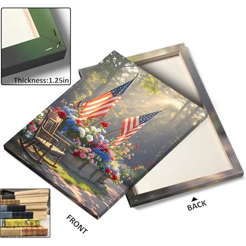 Image of Sunwes Memorial Day Canvas Wall Art, American Flag Rocking Chair and Morning Sunlight with Patriotic Flowers Print, Veterans Day Remembrance Wall Painting for Porch or Living Room 16x20inch