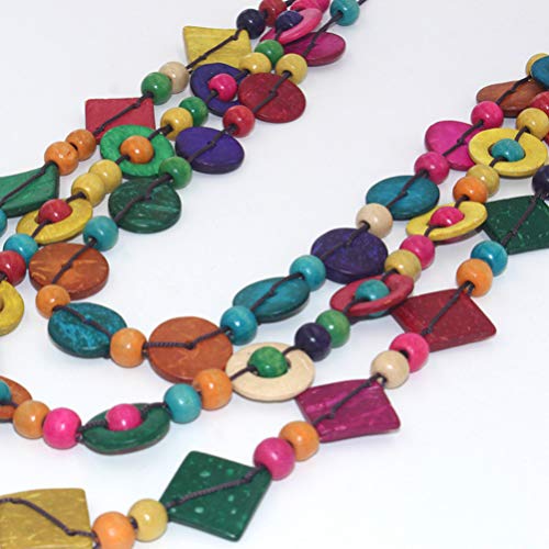 Bohemian Shell Necklace Wood Bead Statement Collar Necklace Chunky Layered Necklace Handmade Beaded Long Necklace for Women 6