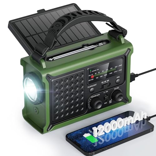 Raynic NOAA Weather Radio 12000mAh, Emergency Weather Radio with 2X Faster Solar & Hand Crank Charging, 5W Flashlight, Reading Lamp, Cell Phone Charger, SOS for Hurricane, Storm, Camping