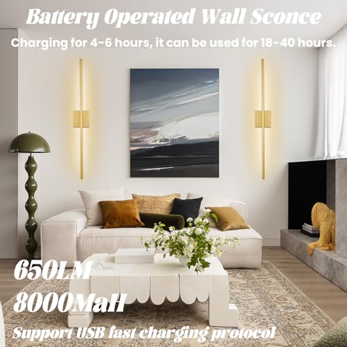 Image of 40 Inch Wireless Wall Sconces Set of 2, Rechargeable Battery Operated Wall Sconce With Remote & Touch, 8000mah, 3 Color Modes, Magnetic, 360 Rotate, for Bedroom, Living Room, Hallway Decor, Gold