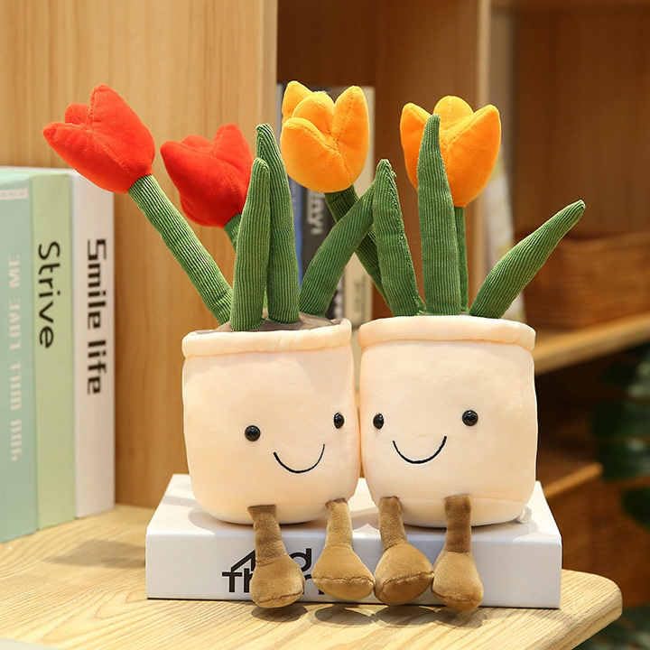 Image of Tulip Flower Plush Pillows, Flower Pot Stuffed Plushie Decoration, Soft Fluffy Plants Friend Hugging Toys, for Office Kids 30 cm