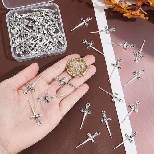 UNICRAFTALE About 60pcs Alloy Dagger Pendants Antique Silver Sword Pendants Bookmarks Charms for Book Lover Metal Dagger Pendants Anime Figures Decoration Charm for DIY Necklace Earring Making