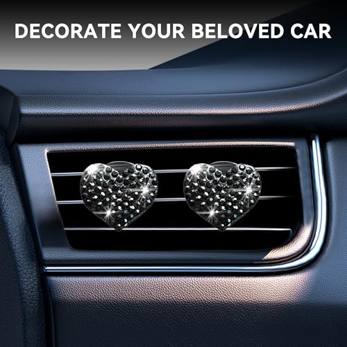 Image of Car Bling Air Vent Clips, 2 Pcs Bling Heart Charm Air Conditioning Outlet Clip, Crystal Rhinestone Accessories, Car Interior Decoration Cute Accessories for Women Girls (Black, Vanilla)
