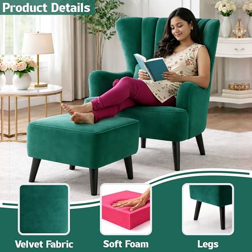 Image of Modern Velvet Wingback Accent Chair with Ottoman & Cushion for Living Room | Premium Upholstered Lounge Chair with Footrest |Green
