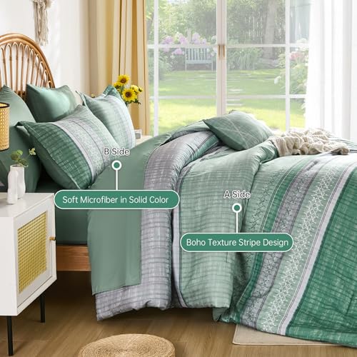 Image of Boho Queen Comforter Size Set, 8 Pieces Sage Green Striped Texture Bed in a Bag Bedding Sets, Lightweight Soft Comforter and Sheet Set, All Season Microfiber Teen Boys Bedding Sets for Men Women