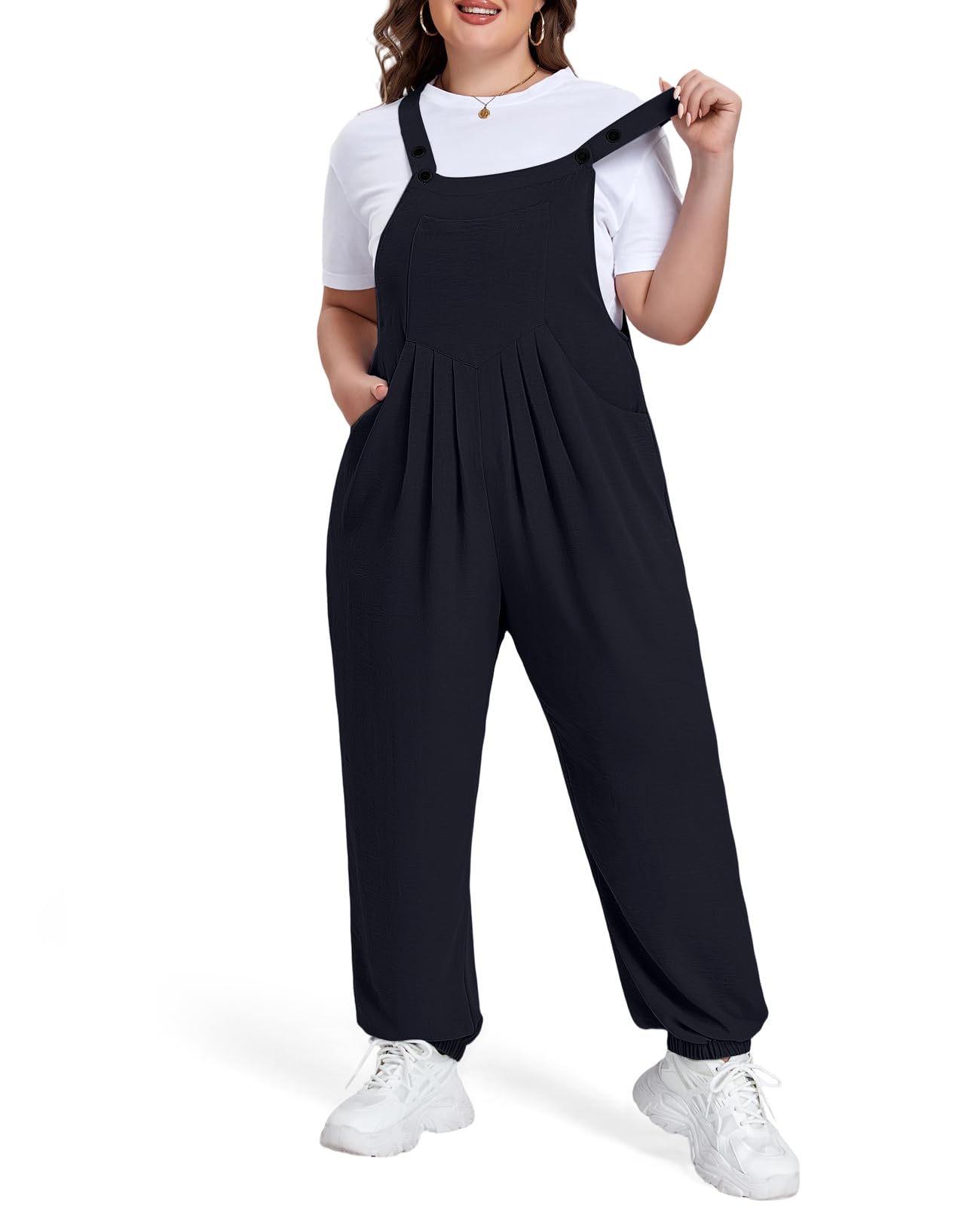 Moon Wood Damen Latzhosen Oversize mit Elastischem Saum Casual Baggy Sommer Jumpsuit Overall mit Trägern und Taschen Große Größen