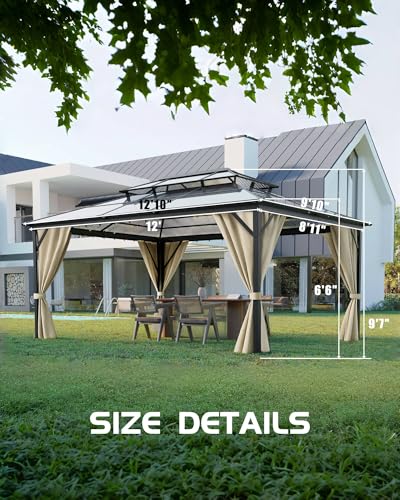 Hardtop Gazebo 10'x13' for All Weather, Double Polycarbonate Sheets Roof, Aluminum Alloy Frame, Net, and Curtain, Permanent Building for Patio, Deck, Backyard, Lawn, and Garden, Khaki