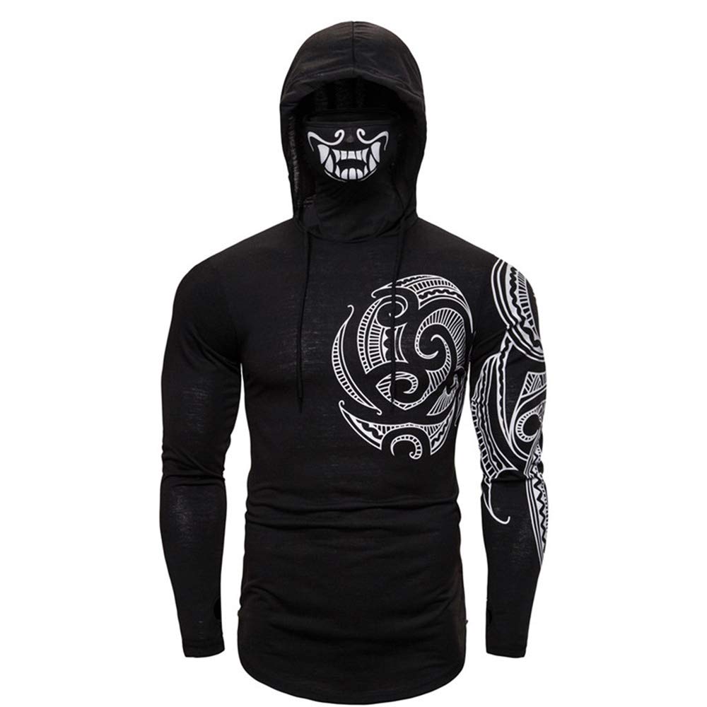 Fitness Clothes Male Gym Training Suit Grey Stretch Fitness Men's Ninja Suit Hooded Long-sleeved T-shirt Tattoo Mask (Color : Black, Size : M)