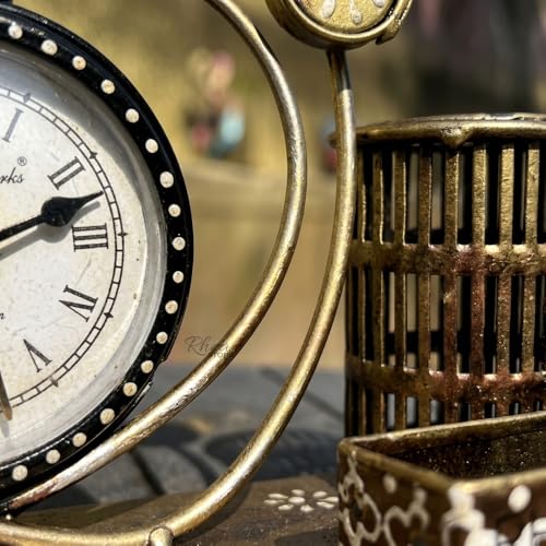 Image of Metal Stethoscope Pen Stand with Clock, Copper Finish Showpiece | Antique Copper Finish Desk Organizer, Doctor Gift & Office Table Decoration Showpiece, Single Pack