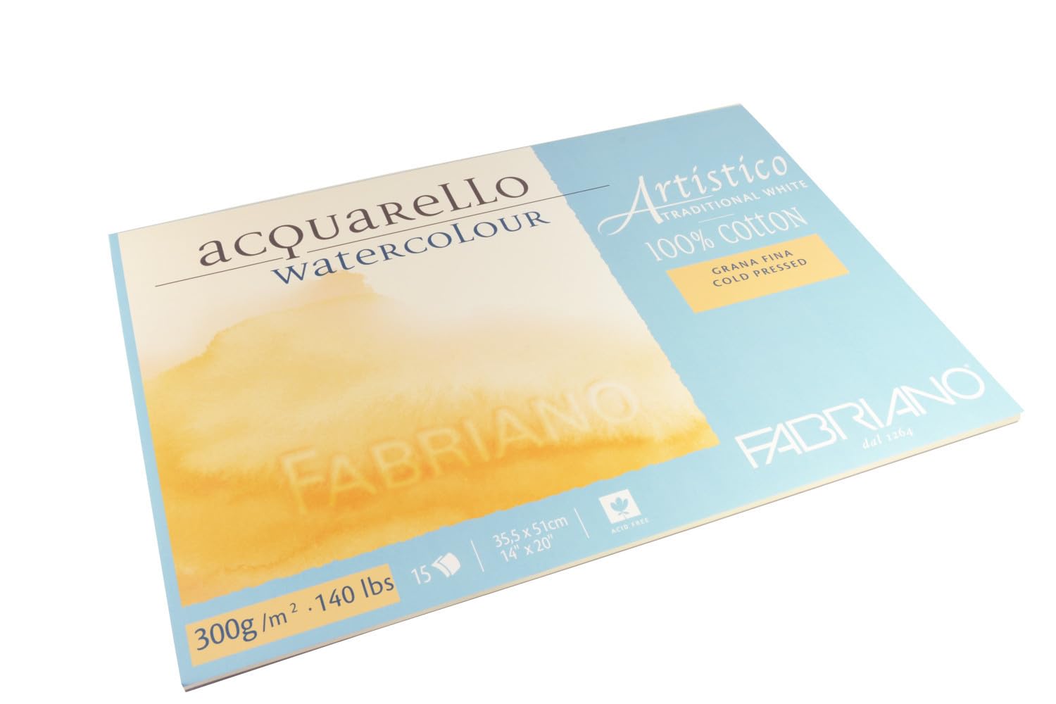 Honsell Fabriano Artistico Acquarello 19013551 - Pintura al agua (grano fino, prensado en frío, 35,5 x 51 cm, 15 hojas de 300 g/m², cartón de acuarela de alta calidad, bloc de 4 caras), color blanco
