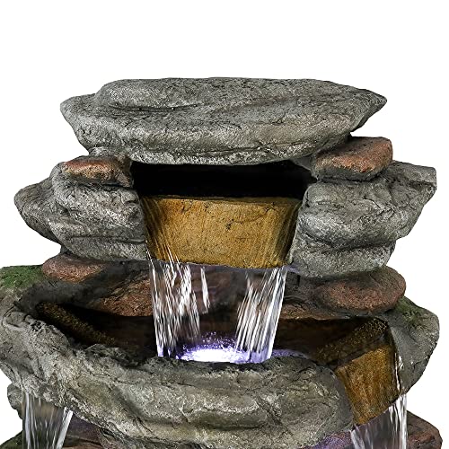 Image of SunJet 47.2 inch High Cascading Rock Outdoor Water Fountain with LED Lights - Large Outdoor Resin Fountains and Waterfalls for Garden or Patio, Yard, and Deck Decor, Featuring Natural Stone Look
