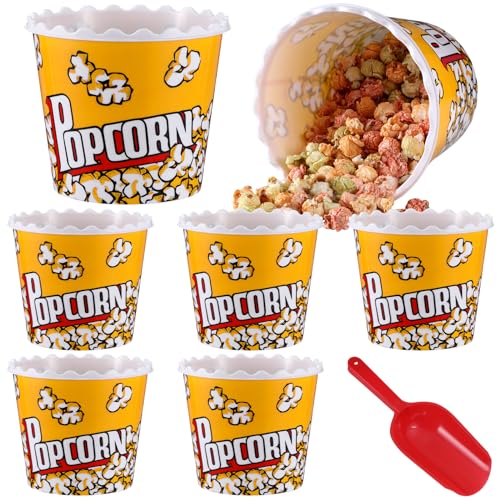 Roshtia 6 recipientes de plástico reutilizables para palomitas de maíz de 75 onzas con cuchara de palomitas de maíz estilo retro, cajas de palomitas de maíz rojas para noche de cine (clásico)