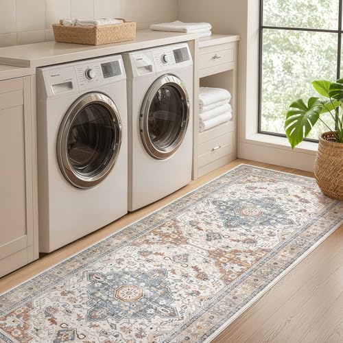Runner Rug Kitchen Washable Rugs: 3x10 Non-Slip Boho Vintage Distressed Stain Resistant Indoor Neutral Farmhouse Throw Carpet for Hallway Bathroom Laundry Room Entryway Bedroom- Beige Blue