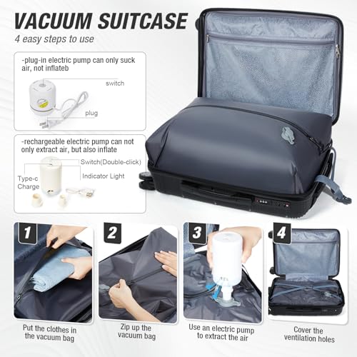 Vacuum Compression Carry On Luggage 22x14x9 Airline Approved,20-Inch Small Carry On Vacuum Travel Luggage With Wheels And TSA Lock,Lightweight Durable Hard Shell Suitcases With Pumps,Black3