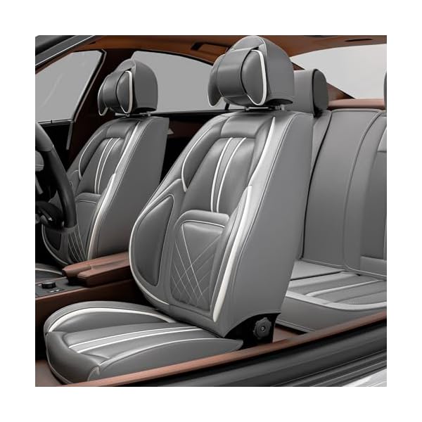 ASLONG 5PCS 2025 Front and Back Car Seat Covers Auto Interior Accessories with Water Proof Nappa Leather for Cars SUV Pick-up Truck Universal Comfortable and Breathable (Full Set, Grey)