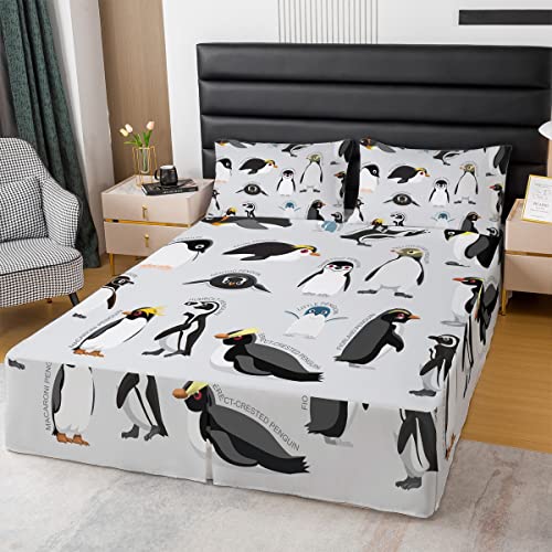 Erosebridal Penguin Bed Skirt Full Size,Black White Penguins Bedding Set Cute Animal Bedskirt For Kids Boys Girls Teens,Wildlife Grey Bedskirts With 2 Pillow Cases Bedroom Decor #TOP13