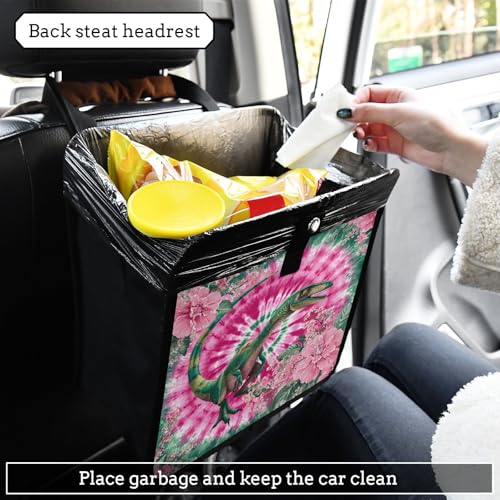 Image of Car Trash Can Organizer Bin with Adjustable Strap for Back Front Seat Console Waterproof Leakproof Collapsible Portable 8.66 Inch Tie Dye Dinosaur Pink Green