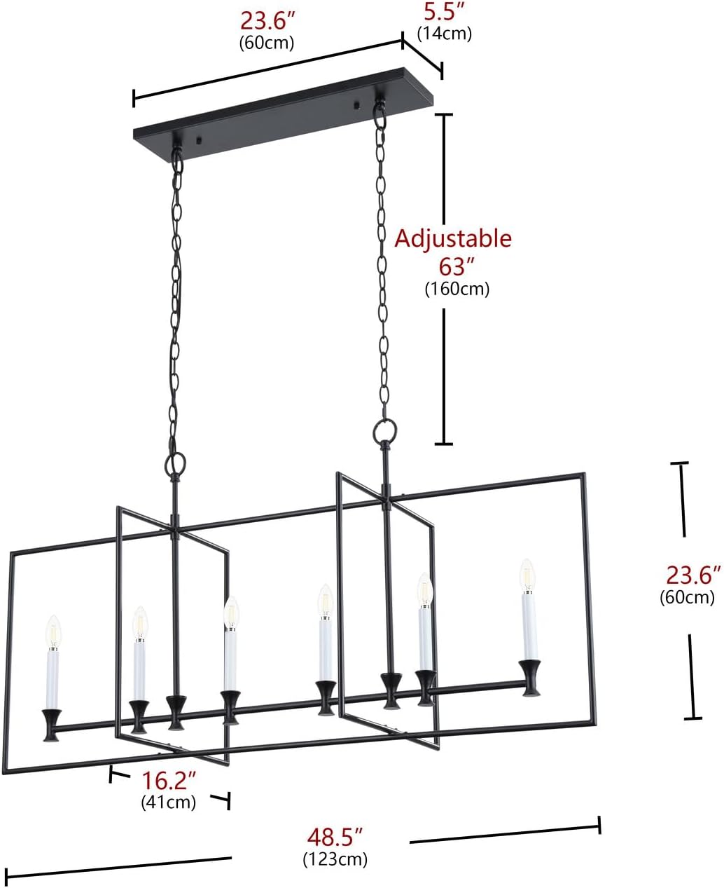 Aiwen 6-Light Large Pendant Lights Kitchen Island Industrial Black Finish Candle Chandeliers with White Shade 48.5 inch Farmhouse Rectangular Chandelier for Dining Room Table Bar E13