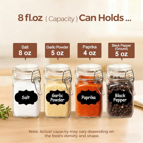 Image of ComSaf Square Glass Spice Jars 8 oz 12 Pack with Labels and Funnel Set | Airtight clamp lids, sixteen labels, larger jars for high-use seasonings, coarse spices, dried herbs, tea and easy refills