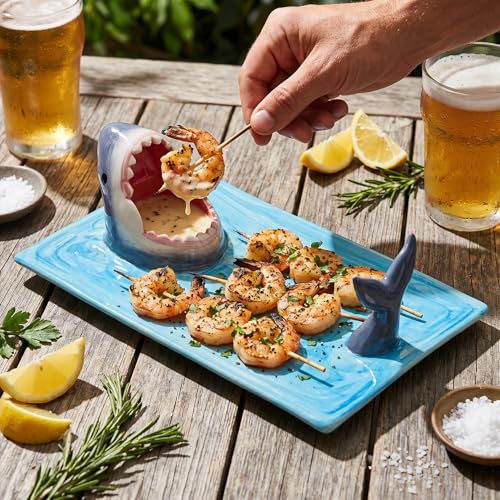 Image of 2 Pack Ceramic Shark Taco Holder Plate, Shark Sushi Plates, Funny Handmade Kitchen Salad Plates with Dipping Sauce Bowl, Microwave /Oven /Dishwasher Safe Plates, Birthday Gifts for Shark Party Lovers