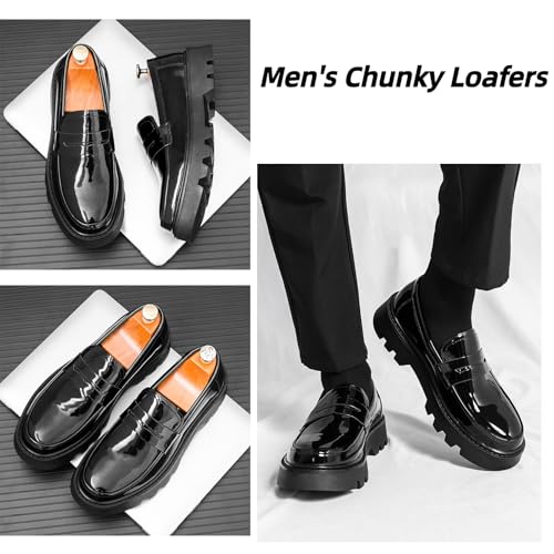 Men's Patent Leather Platform Chunky Slip-On Penny Loafers Classic Round Toe Lug Sole Business Casual Formal Work Dress Shoes2