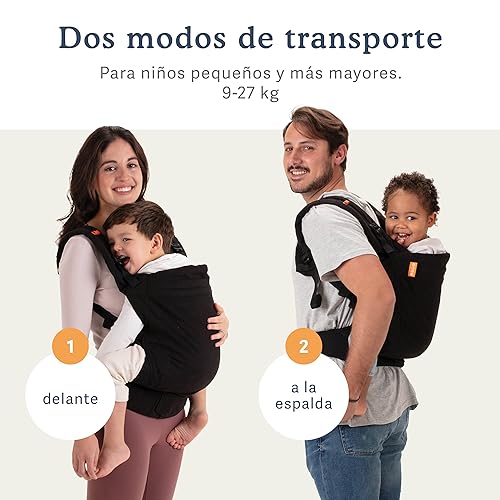 Beco Mochila porteo para niños con asiento extra ancho 100% algodón - Mochila para cargar niños liviana y respirable para usar en espalda o hacia el frente, Soporta niños de 9 a 27 kilos (Negro Pleno) - imagen 2