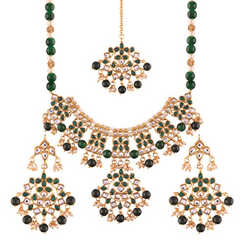 I Jewels Gold Plated Traditional Kundan Necklace Set with Earrings & Maang Tikka For Women (K7062G)