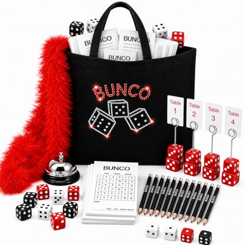 Bunco Game Kit for 16 Players - Complete Game Night Set with 12 Dice Bell 4 Table Number Stands Score Sheets Pencils Red Boa and Rhinestone Tote