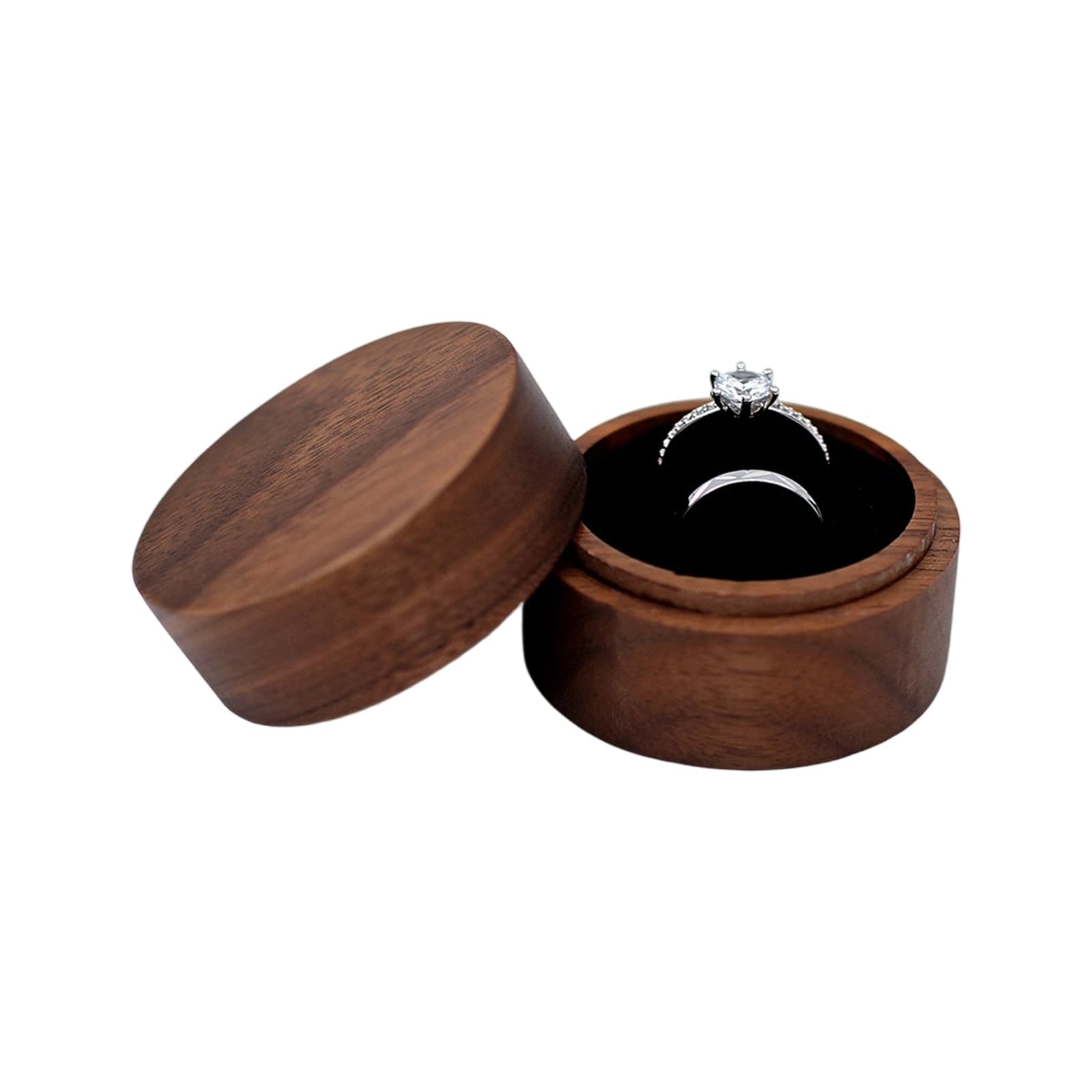 Tsophreniq Two Black Round Wood Rings Holder Wedding Rings Display Case Jewellery Organiser Storage Chest For Engagement Proposal Anniversary Container
