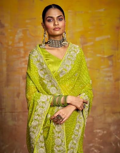 Image of SIRIL Women's Bandhani Printed Georgette Sequence Lace Scalloped Border Saree with Unstitched Blouse Piece